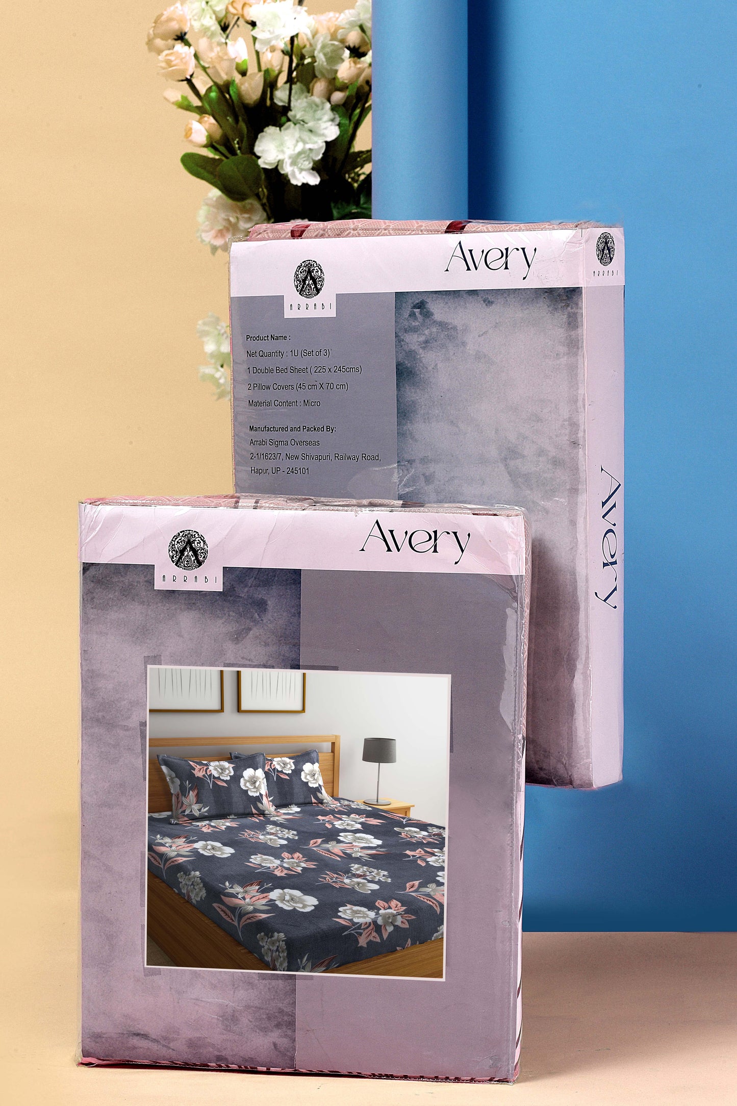 Arrabi Grey Floral TC Cotton Blend King Size Bookfold Bedsheet with 2 Pillow Covers (250 X 215 cm)