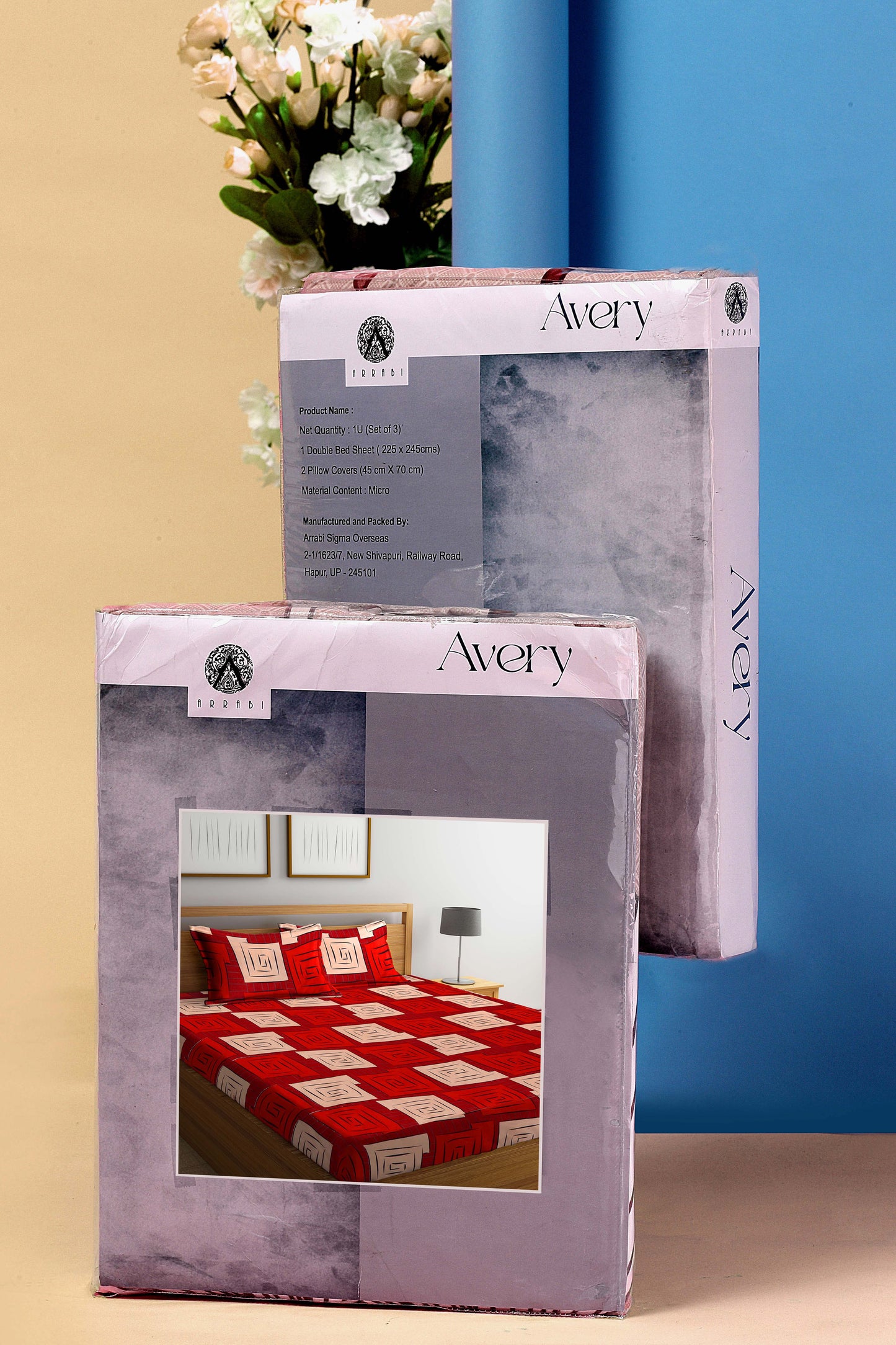 Arrabi Red Geometric TC Cotton Blend King Size Bookfold Bedsheet with 2 Pillow Covers (250 X 220 cm)