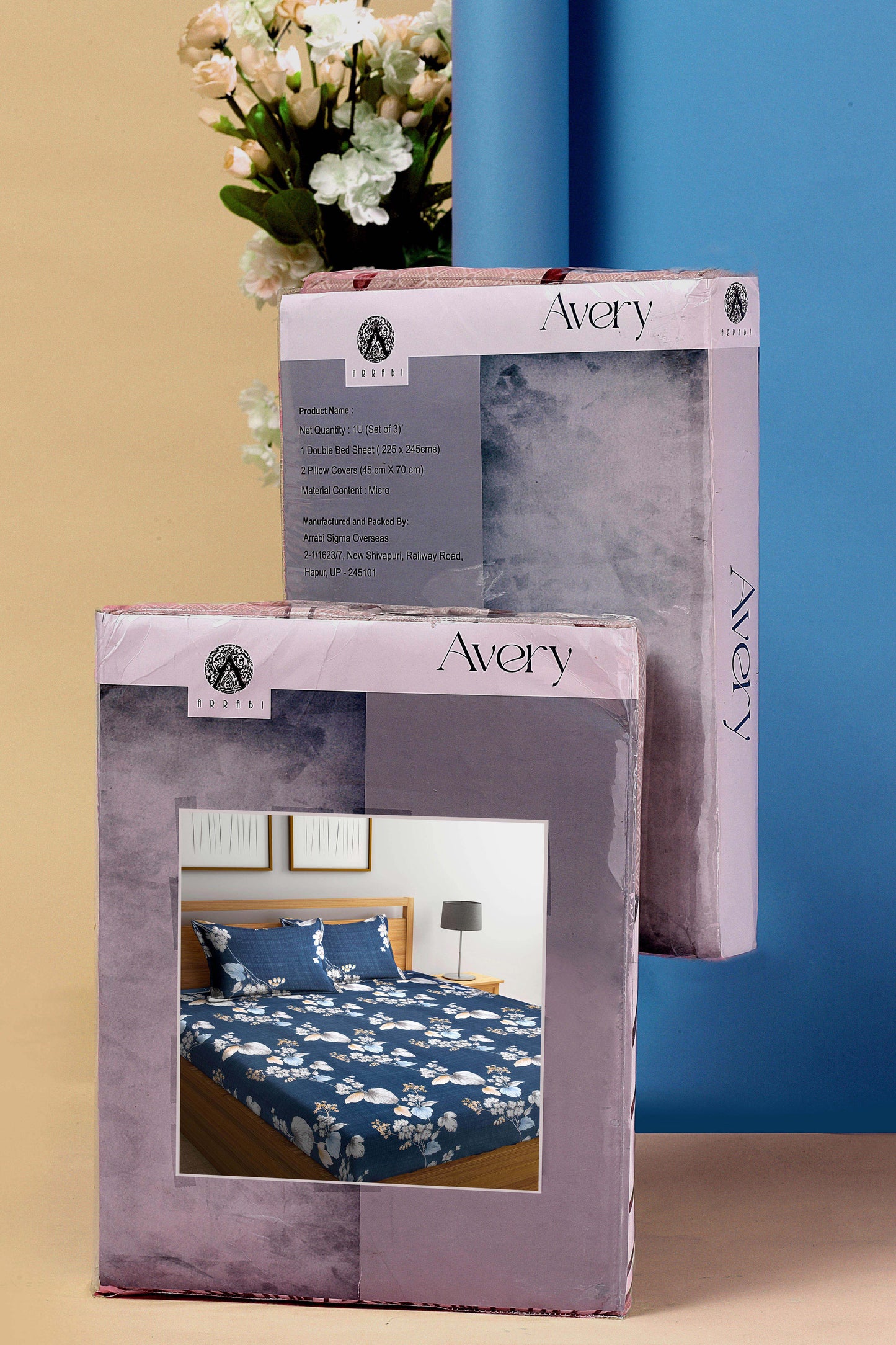 Arrabi Blue Floral TC Cotton Blend Super King Size Bookfold Bedsheet with 2 Pillow Covers (270 X 260 cm)
