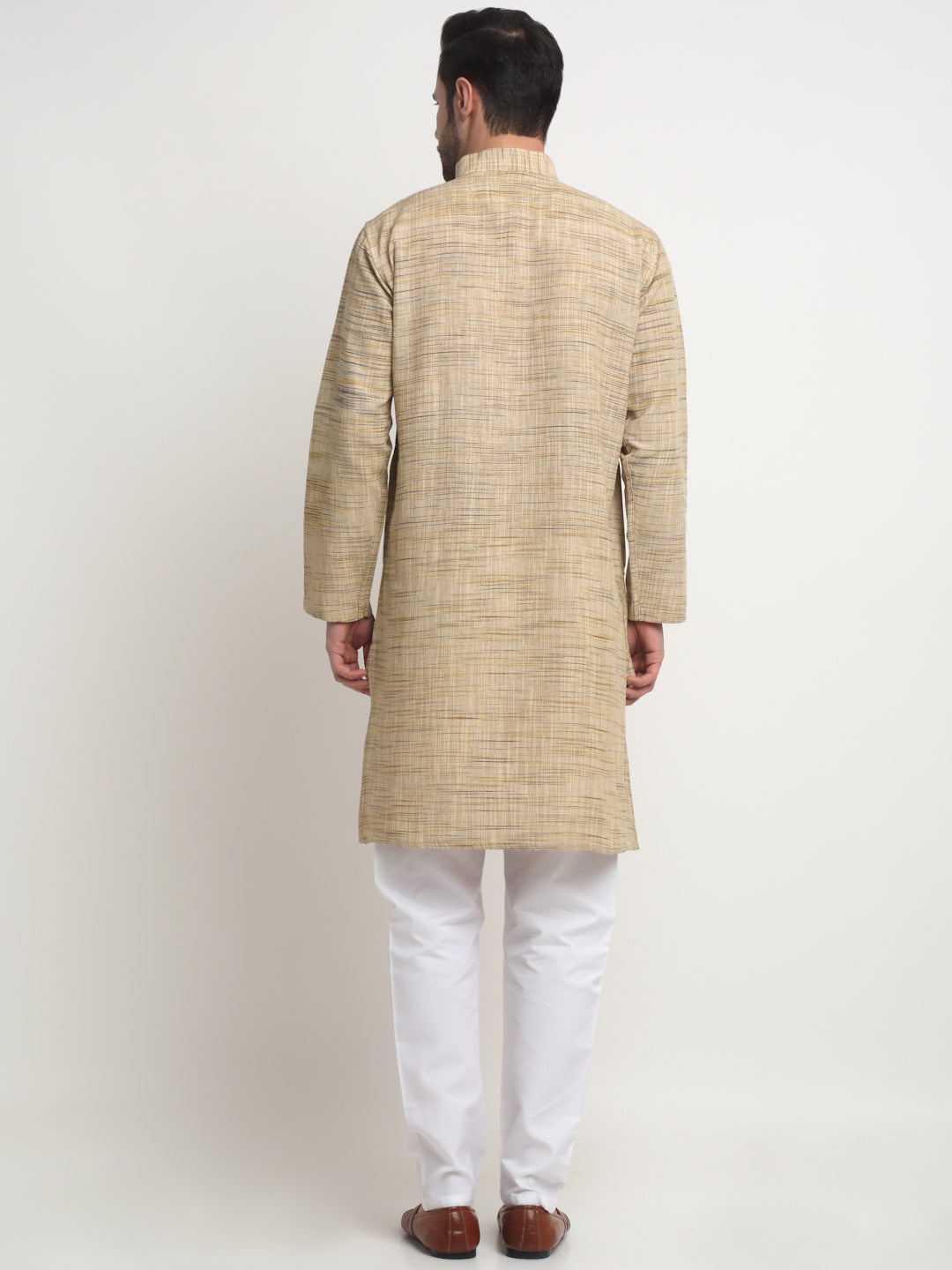 Arrabi Men Cream Pure Cotton Solid Kurta Pyjama Set with Pockets