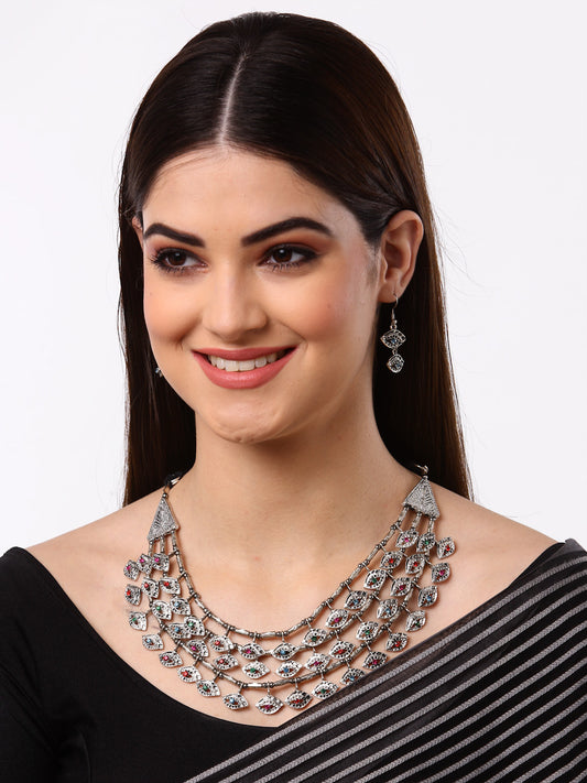 Arrabi  Metallic Oxidised Jewellery Set with 2 Earrings (30 cm)