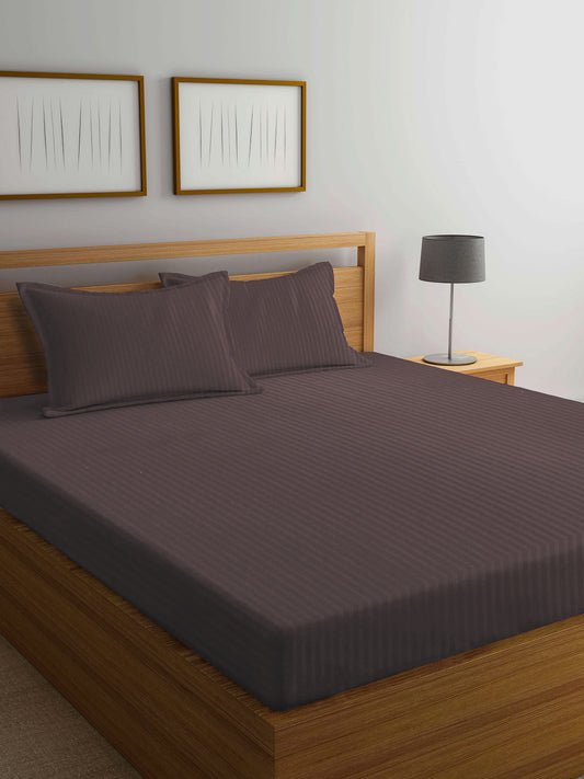 Arrabi Brown Stripes TC Cotton Blend Double Size Bedsheet with 2 Pillow Covers (250 x 220 cm)