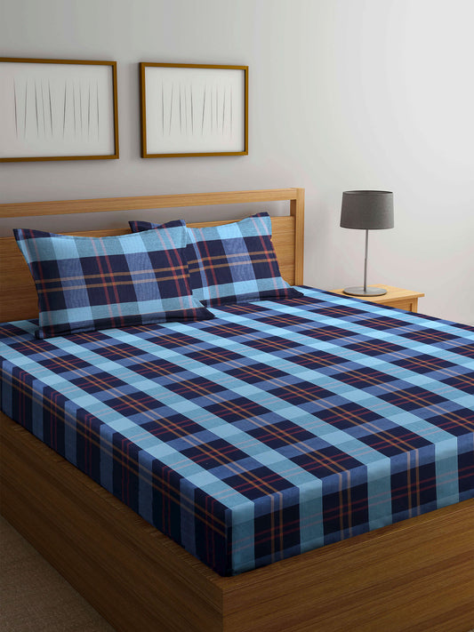 Arrabi Blue Checks Handwoven Cotton Super King Size Bedsheet with 2 Pillow Covers (270 X 270 cm)