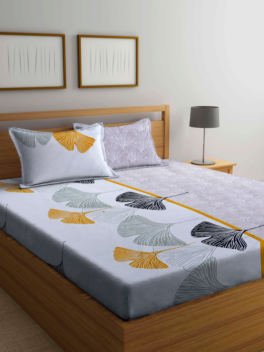 Arrabi Grey Leaf TC Cotton Blend Double King Size Bedsheet with 2 Pillow Covers (270 x 260 cm)