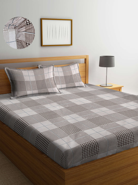 Arrabi Brown Checks TC Cotton Blend Double Size Fitted Bedsheet with 2 Pillow Cover ( 250 x 225 cm)
