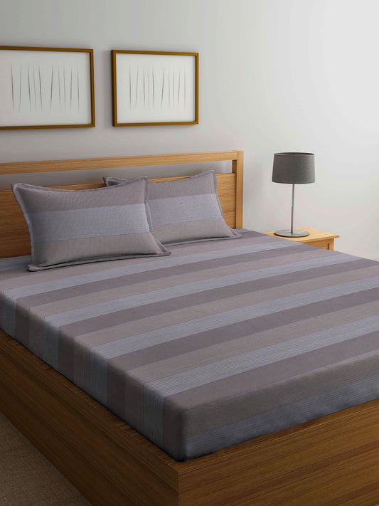 Arrabi Beige Stripes Handwoven Cotton King Size Bedsheet with 2 Pillow Covers (260 X 250 cm)