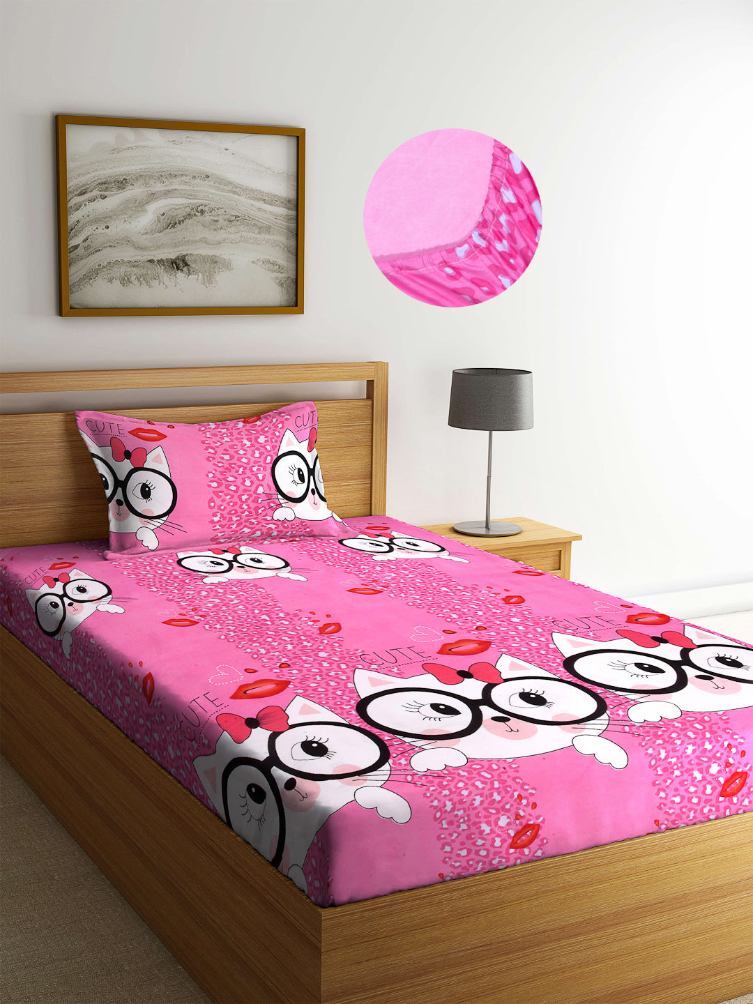 Arrabi Pink Graphic TC Cotton Blend Single Size Fitted Bedsheet with 1 Pillow Cover (220 X 150 cm)