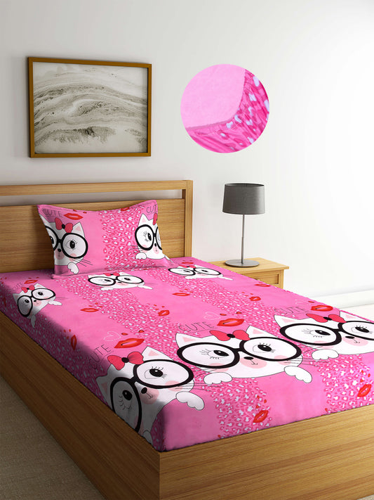 Arrabi Pink Graphic TC Cotton Blend Single Size Fitted Bedsheet with 1 Pillow Cover (220 X 150 cm)