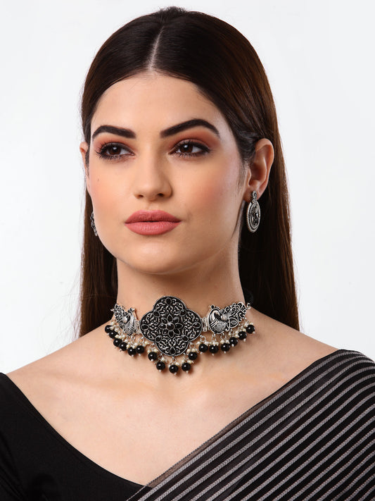 Arrabi Metallic Oxidised Jewellery Set with 2 Earrings (40 cm)
