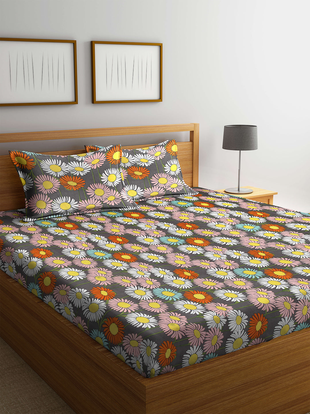 Arrabi Multi Floral TC Cotton Blend Double Size Bedsheet with 2 Pillow Cover