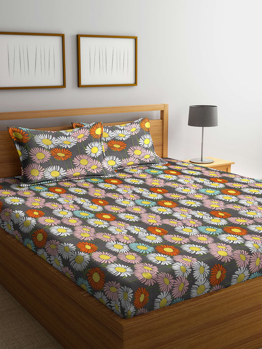 Arrabi Multi Floral TC Cotton Blend Double Size Bedsheet with 2 Pillow Cover