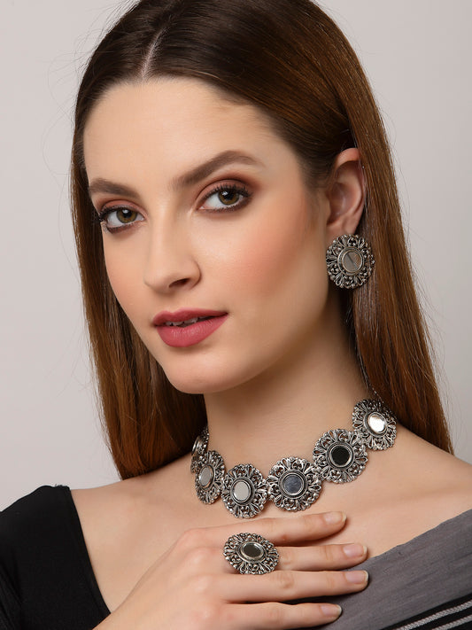 Arrabi Metallic Oxidised Jewellery Set with 2 Earrings and 1 Ring (40 cm)