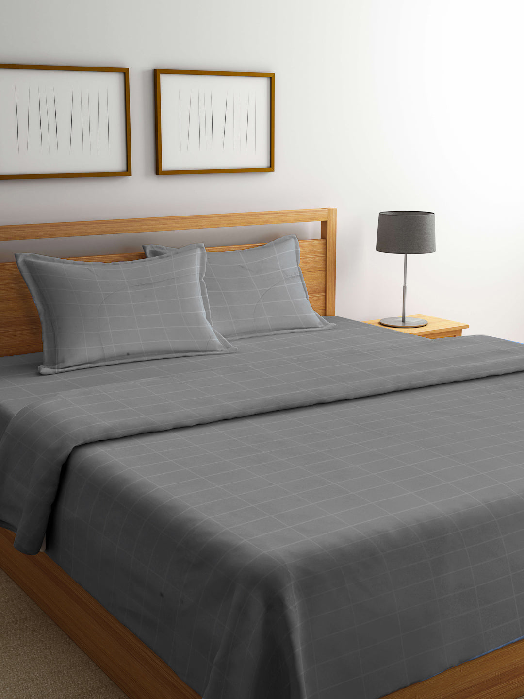 Arrabi Grey Check TC Cotton Blend Double Size Comforter Bedding Set with 2 Pillow Cover