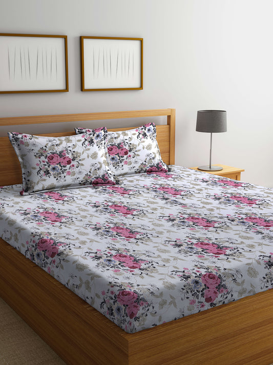 Arrabi White Floral TC Cotton Blend King Size Bedsheet with 2 Pillow Covers (250 X 220 cm)