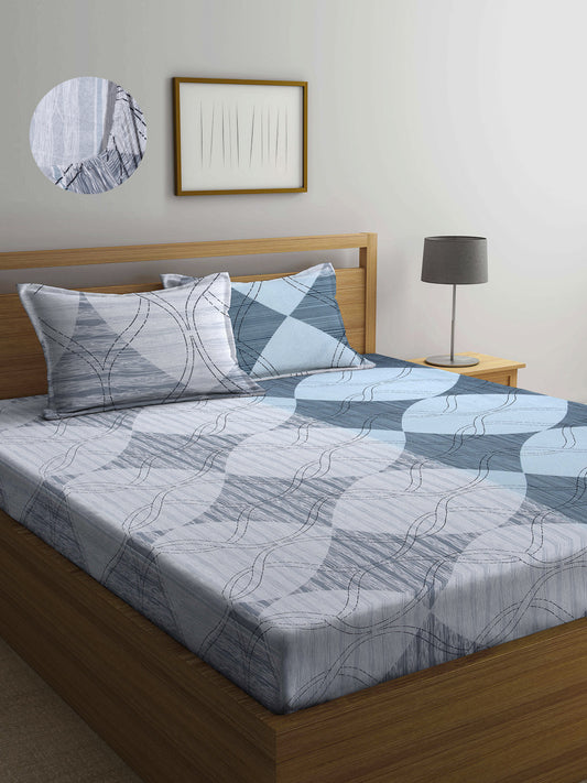 Arrabi Multi Geometric TC Cotton Blend Super King Size Fitted Bedsheet with 2 Pillow Covers(270 X 260 Cm )