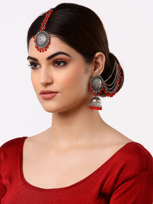 Arrabi Red Oxidised Kundan Studded Maang Tika & Earrings Set (17 cm)