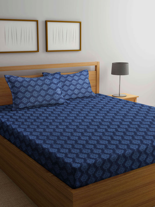 Arrabi Blue Indian Handwoven Cotton King Size Bedsheet with 2 Pillow Covers (260 X 230 cm)