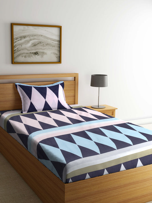 Arrabi Multi Geometric TC Cotton Blend Single Size Bedsheet with 1 Pillow Cover ( 215 X 150 cm)