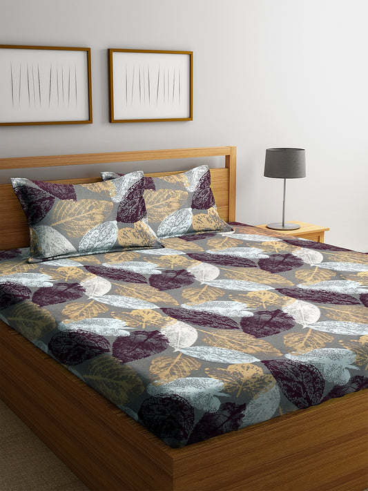 Arrabi Multi Leaf TC Cotton Blend Double Size Bedsheet with 2 Pillow Cover