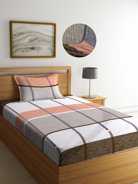 Arrabi Multi Geometric TC Cotton Blend Single Size Fitted Bedsheet with 1 Pillow Cover (220 X 150 cm)