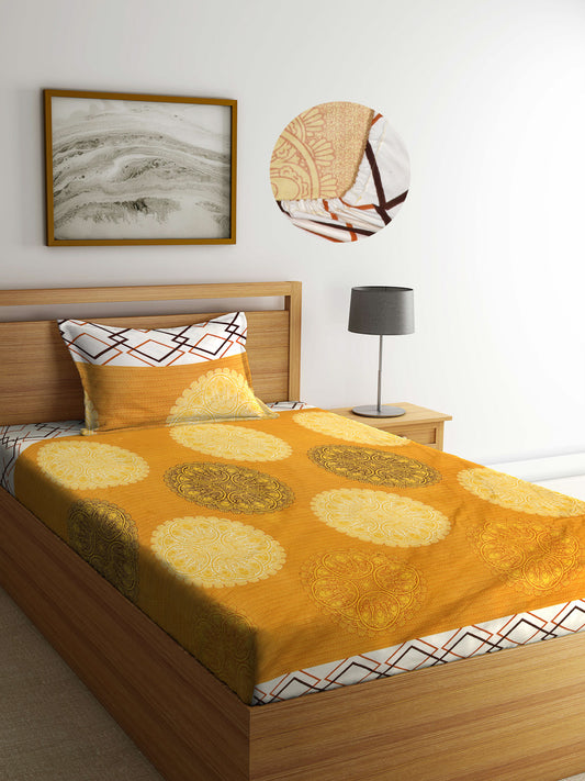 Arrabi Yellow Indian TC Cotton Blend Single Size Fitted Bedsheet with 1 Pillow Cover (220 X 150 cm)