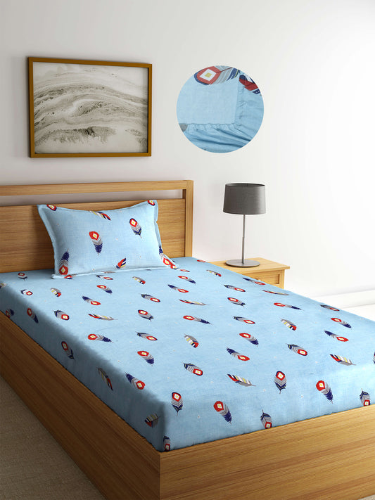 Arrabi Blue Graphic TC Cotton Blend Single Size Fitted Bedsheet with 1 Pillow Cover (220 X 150 cm)