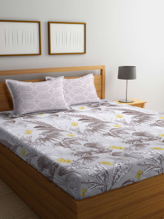 Arrabi Brown Leaf TC Cotton Blend Super King Size Bedsheet with 2 Pillow Covers (270 X 260 cm)