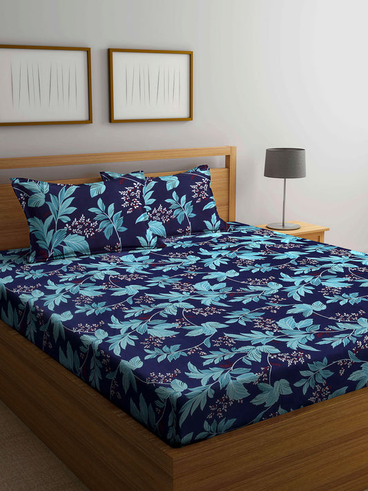 Arrabi Blue Leaf TC Cotton Blend Double Size Bedsheet with 2 Pillow Cover