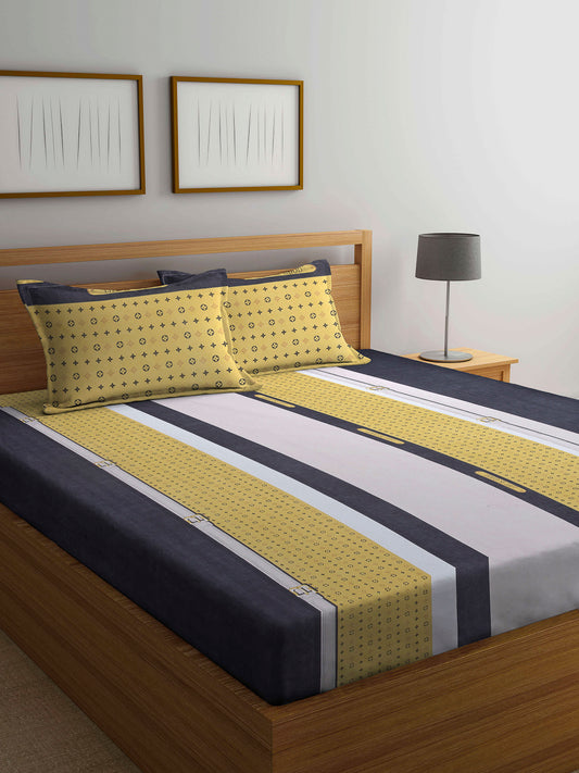 Arrabi Multi Stripes TC Cotton Blend King Size Bedsheet with 2 Pillow Covers (250 x 220 cm)