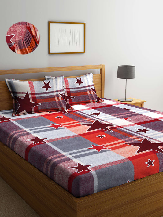 Arrabi Multi Graphic TC Cotton Blend Double Size Fitted Bedsheet with 2 Pillow Cover ( 250 x 225 cm)