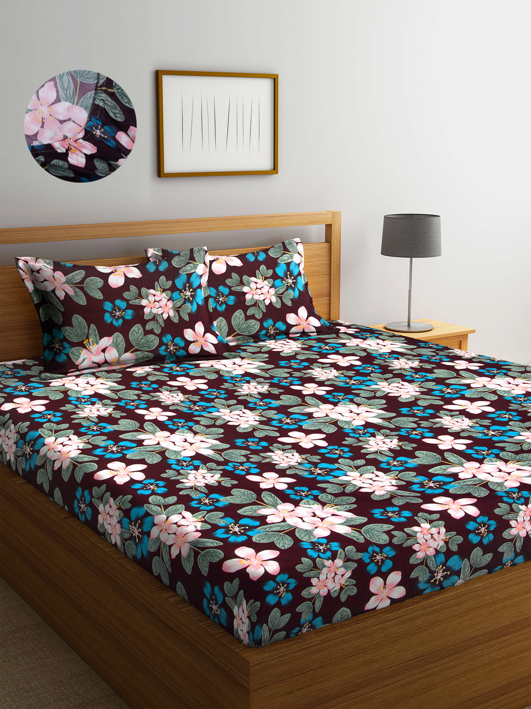 Arrabi Multi Floral TC Cotton Blend King Size Fitted Bedsheet with 2 Pillow Covers(250 X 215 Cm )