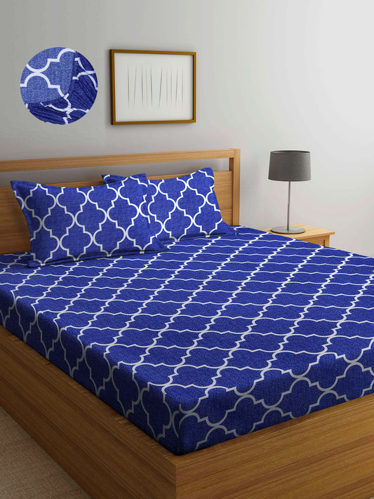 Arrabi Blue Graphic TC Cotton Blend King Size Fitted Bedsheet with 2 Pillow Covers (250 X 220 Cm )