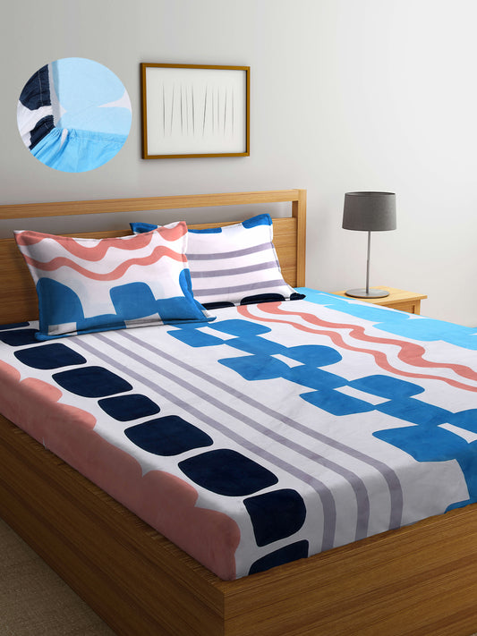 Arrabi Multi Abstract TC Cotton Blend King Size Fitted Bedsheet with 2 Pillow Covers (250 X 215 Cm )