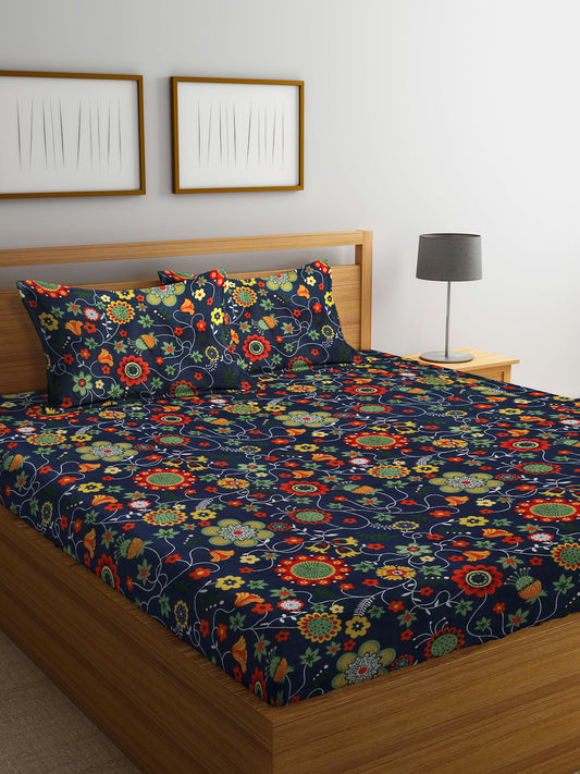 Arrabi Blue Floral TC Cotton Blend King Size Bedsheet with 2 Pillow Covers (250 X 215 cm)