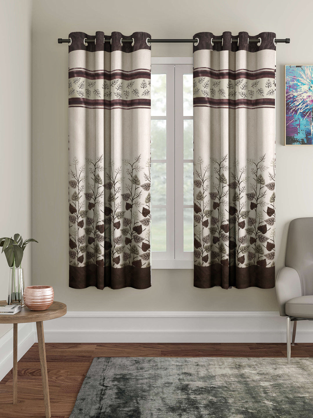 Arrabi Brown Leaf Print TC Cotton Blend Set of 2 Window Curtains (215 X 120 cm)