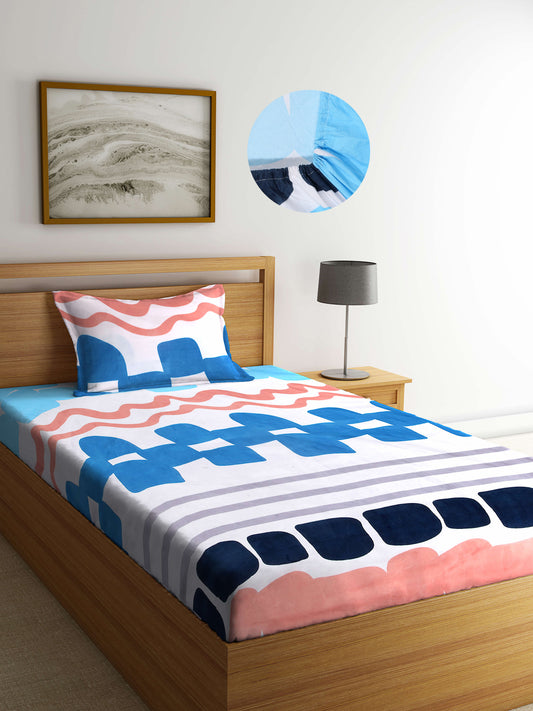 Arrabi Multi Abstract TC Cotton Blend Single Size Fitted Bedsheet with 1 Pillow Cover (220 X 150 cm)