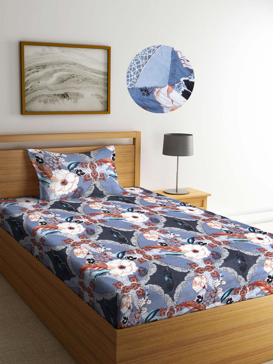 Arrabi Multi Floral TC Cotton Blend Single Size Fitted Bedsheet with 1 Pillow Cover (220 X 150 cm)