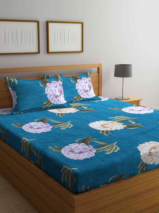 Arrabi Teal Floral TC Cotton Blend Double Size Bedsheet with 2 Pillow Covers