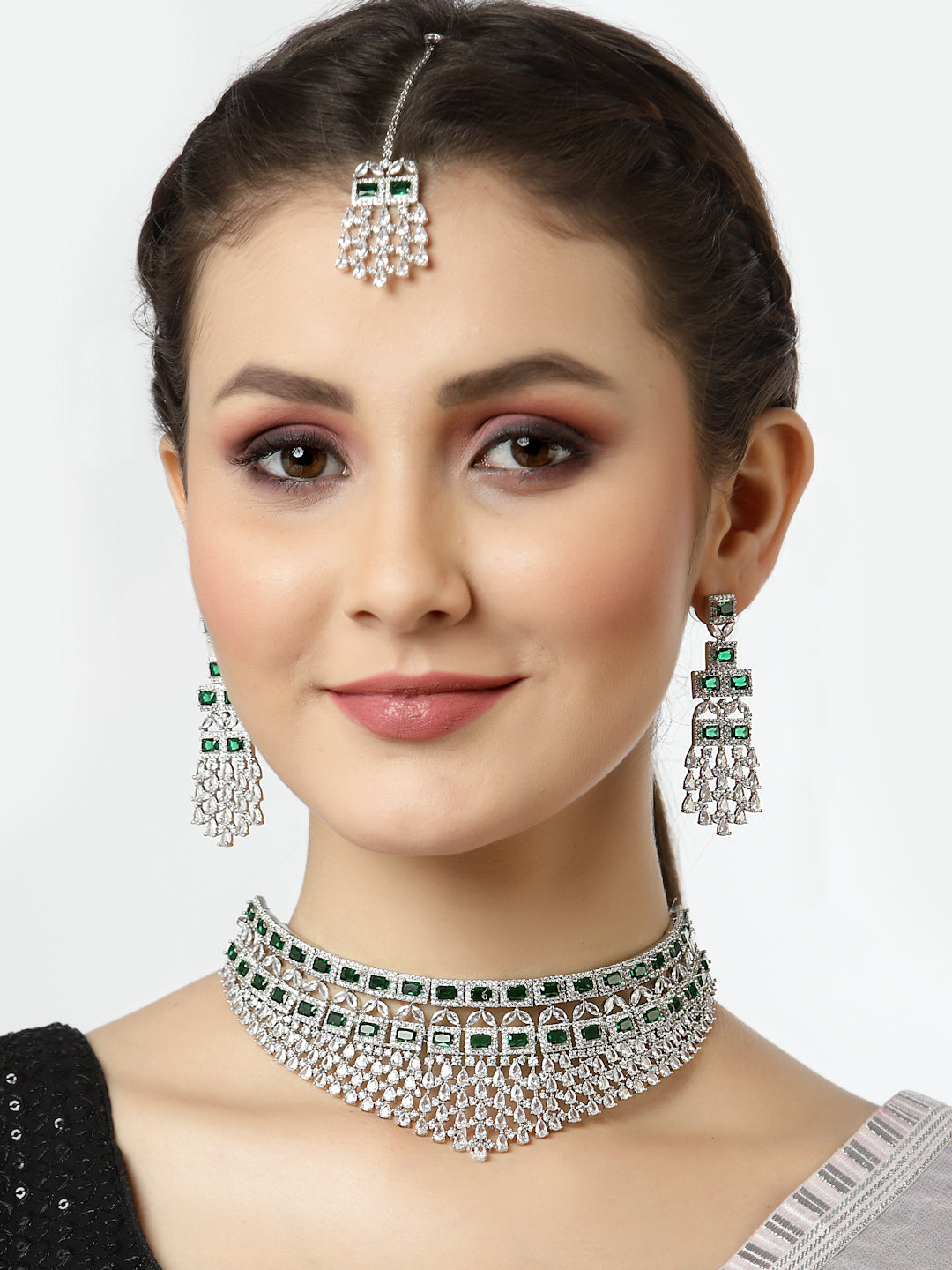 Arrabi Green American Diamond Jewellery Set with 2 Earrings and Tika(30 cm)