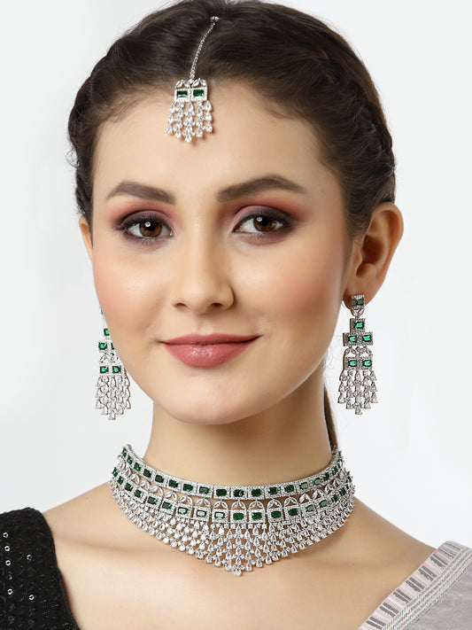 Arrabi Green American Diamond Jewellery Set with 2 Earrings and Tika(30 cm)
