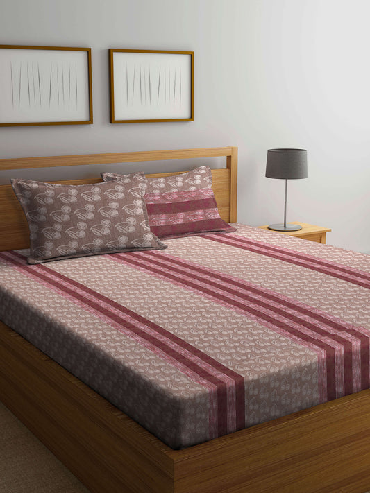 Arrabi Brown Graphic Handwoven Cotton Super King Size Bedsheet with 2 Pillow Covers (270 X 270 cm)
