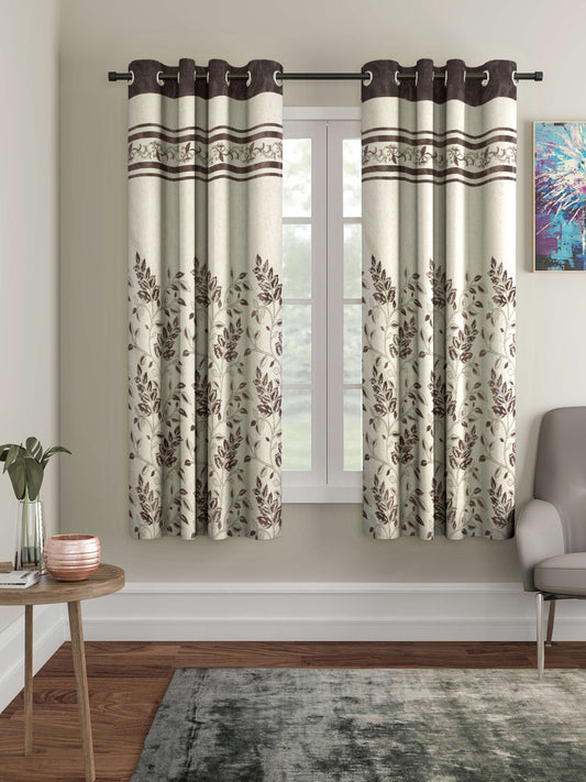 Arrabi Brown Leaf Print TC Cotton Blend Set of 2 Window Curtains (215 X 120 cm)