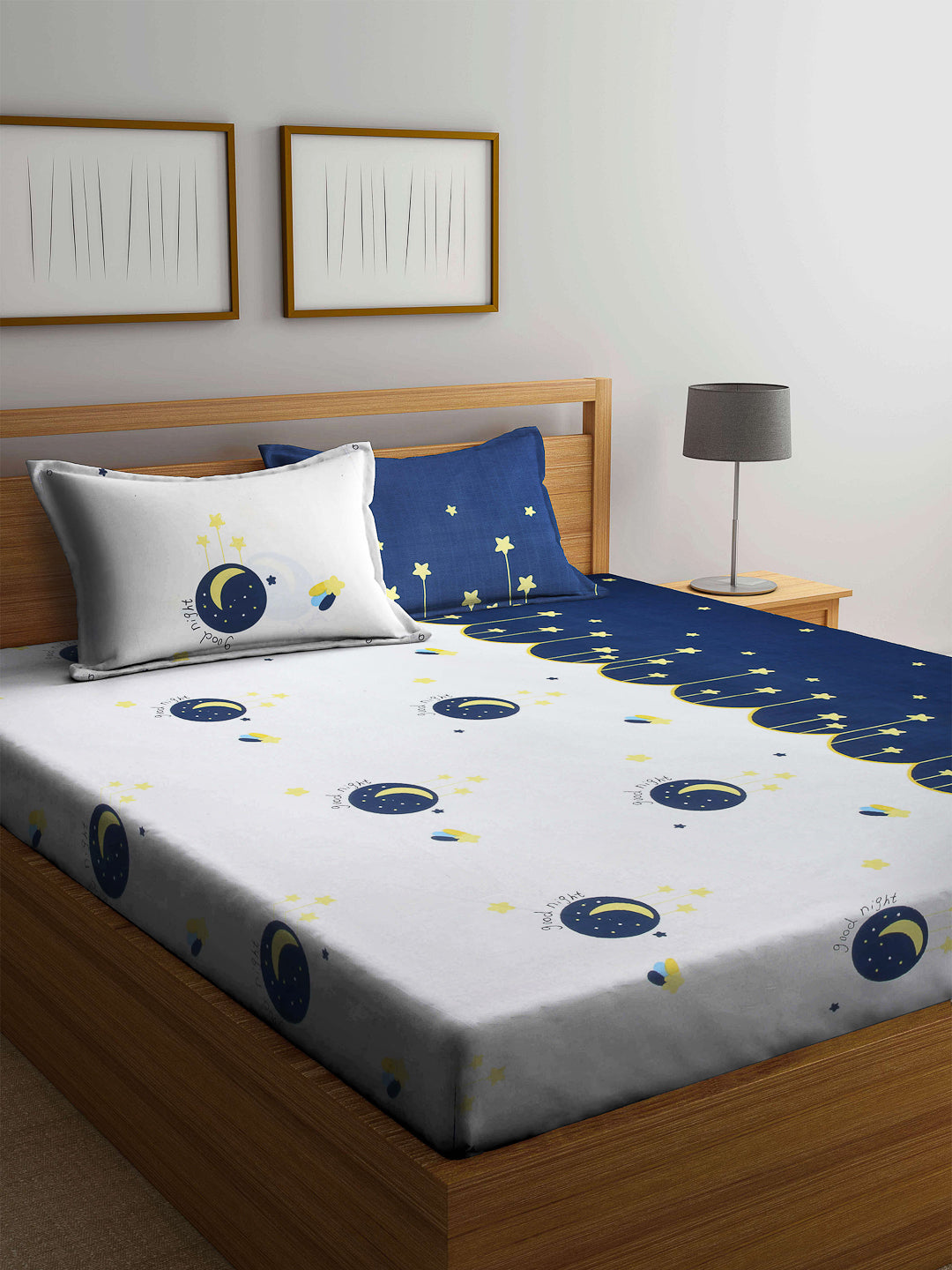 Arrabi Blue Graphic TC Cotton Blend Double Size Bedsheet with 2 Pillow Cover (250 x 225 cm)