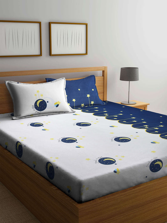 Arrabi Blue Graphic TC Cotton Blend Double Size Bedsheet with 2 Pillow Cover (250 x 225 cm)