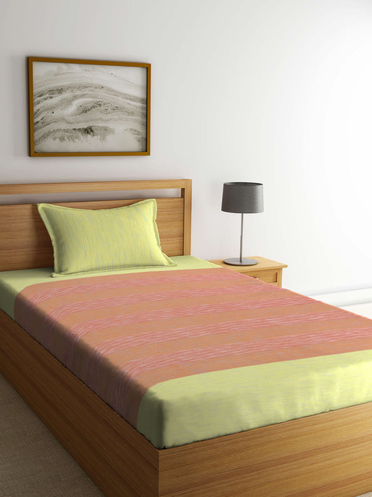 Arrabi Yellow Stripes Handwoven Cotton Single Size Bedsheet with 1 Pillow Cover ( 220 X 150 cm)