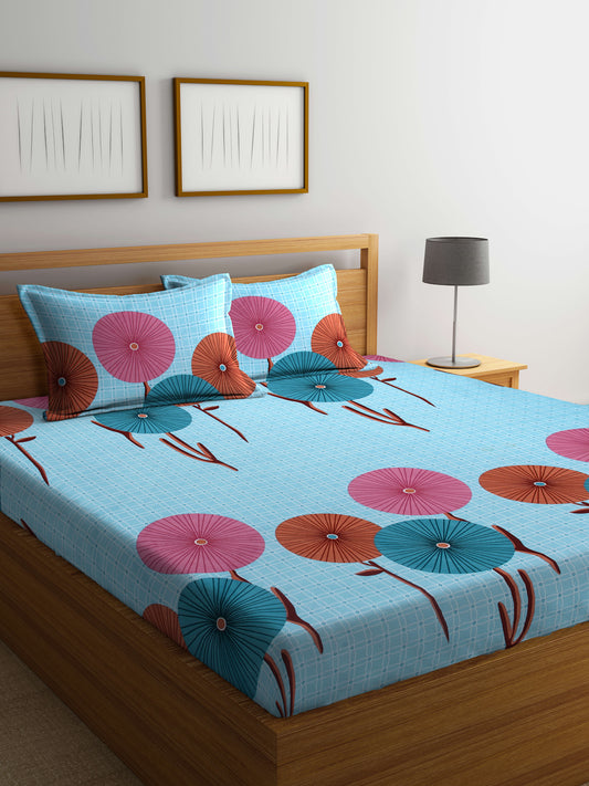 Arrabi Blue Geometric TC Cotton Blend King Size Bedsheet with 2 Pillow Covers (250 X 215 cm)