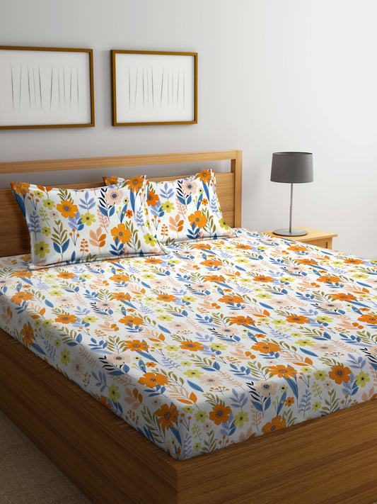 Arrabi Cream Floral TC Cotton Blend Super King Size Bedsheet with 2 Pillow Covers (270 X 260 cm)