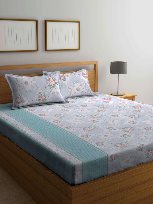 Arrabi Multi Floral TC Cotton Blend Double Size Bedsheet with 2 Pillow Cover