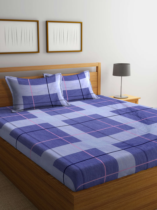 Arrabi Blue Geometric TC Cotton Blend King Size Bedsheet with 2 Pillow Covers (250 X 215 cm)