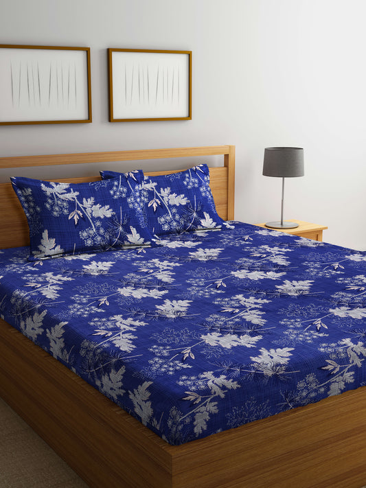 Arrabi Blue Leaf TC Cotton Blend King Size Bedsheet with 2 Pillow Covers (250 X 215 cm)